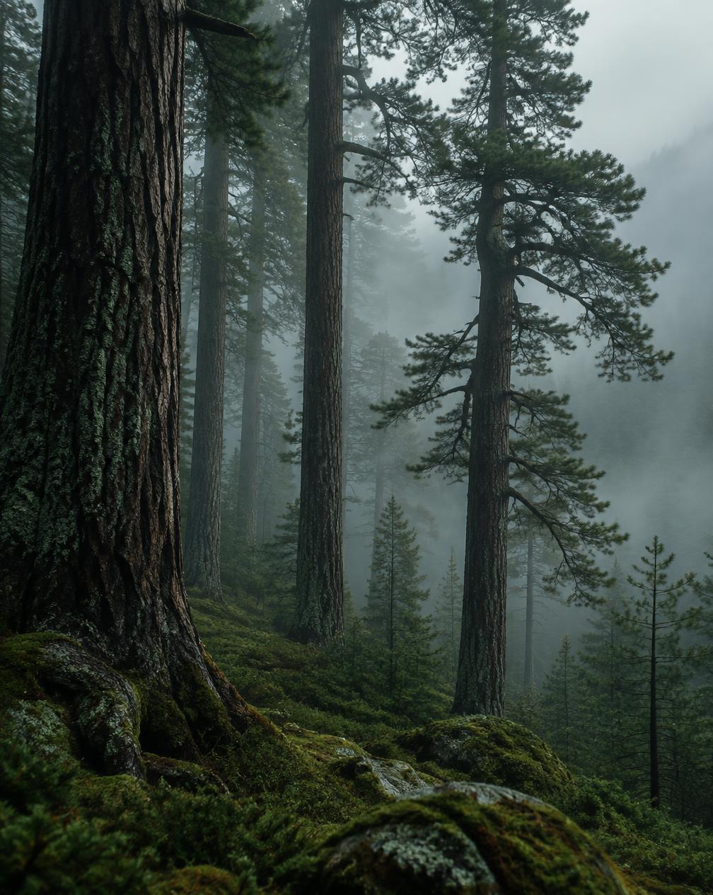 Tall evergreen trees rising through a quiet forest mist